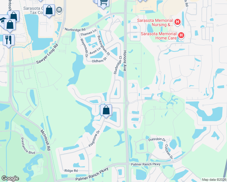 map of restaurants, bars, coffee shops, grocery stores, and more near 6255 Sturbridge Court in Sarasota