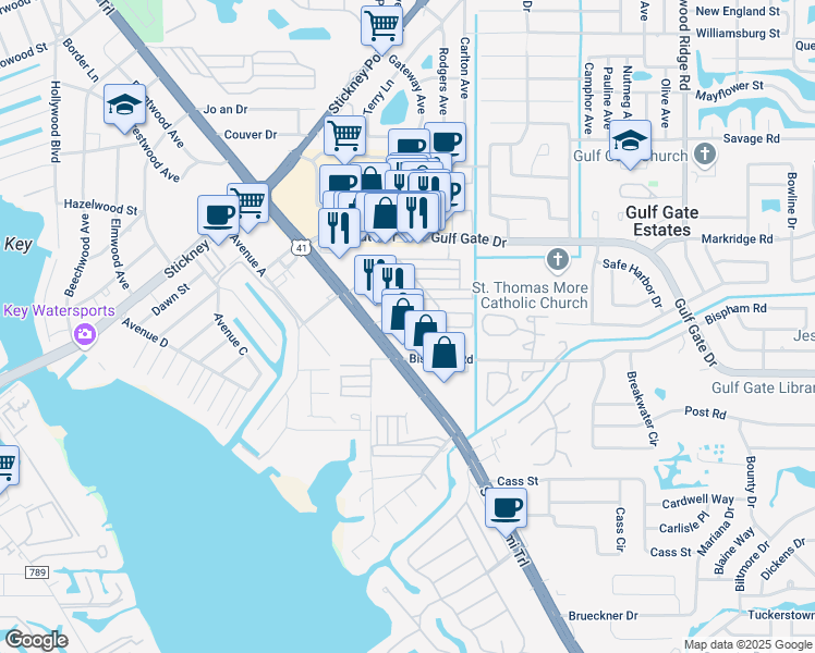 map of restaurants, bars, coffee shops, grocery stores, and more near 2128 Reynolds Street in Sarasota
