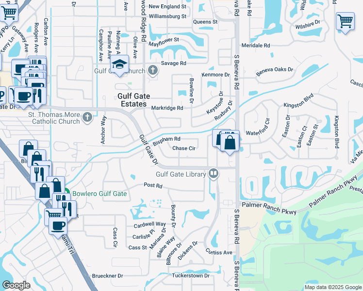 map of restaurants, bars, coffee shops, grocery stores, and more near 3023 Bispham Road in Sarasota