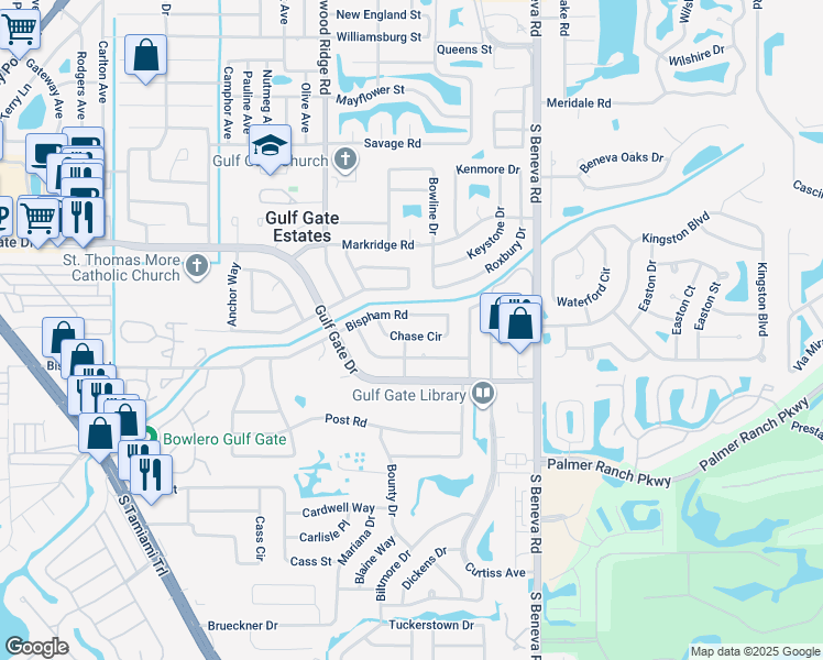 map of restaurants, bars, coffee shops, grocery stores, and more near 3023 Bispham Road in Sarasota