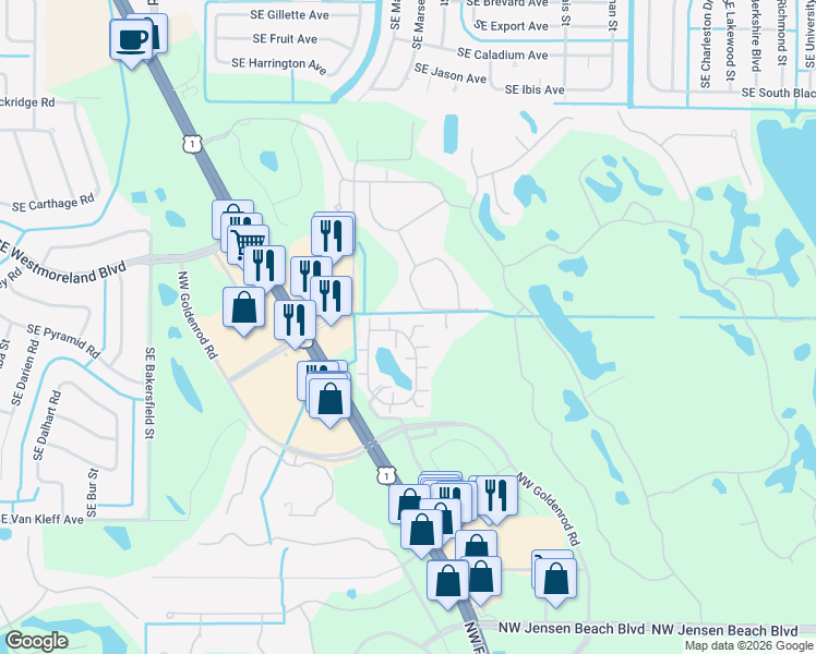map of restaurants, bars, coffee shops, grocery stores, and more near 4059 Northwest Cinnamon Tree Circle in Jensen Beach