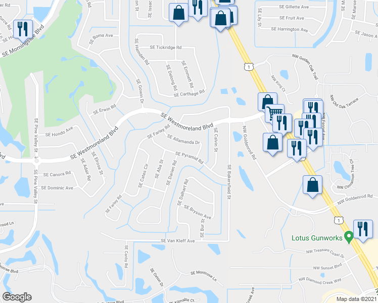 map of restaurants, bars, coffee shops, grocery stores, and more near 2081 Southeast Pyramid Road in Port Saint Lucie