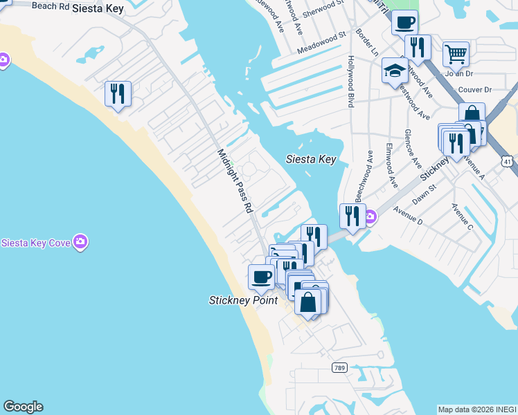 map of restaurants, bars, coffee shops, grocery stores, and more near 1257 North Portofino Drive in Siesta Key