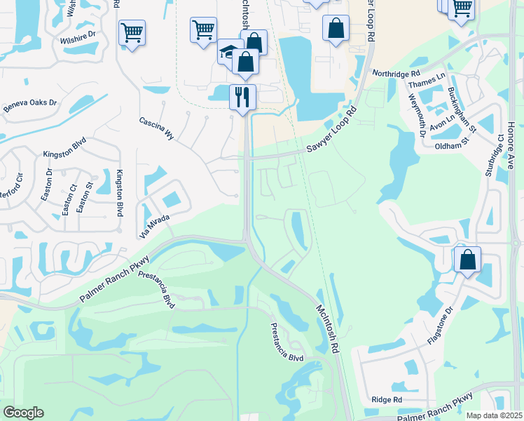 map of restaurants, bars, coffee shops, grocery stores, and more near 7082 Prosperity Circle in Sarasota
