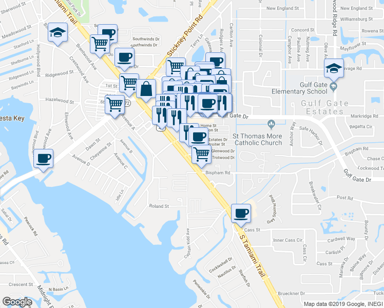 map of restaurants, bars, coffee shops, grocery stores, and more near 2118 Reynolds Street in Sarasota