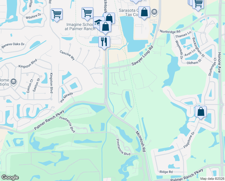 map of restaurants, bars, coffee shops, grocery stores, and more near 3971 Prosperity Circle in Sarasota