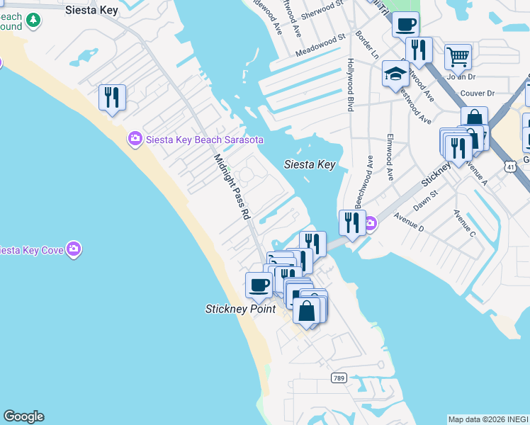 map of restaurants, bars, coffee shops, grocery stores, and more near 1250 North Portofino Drive in Siesta Key