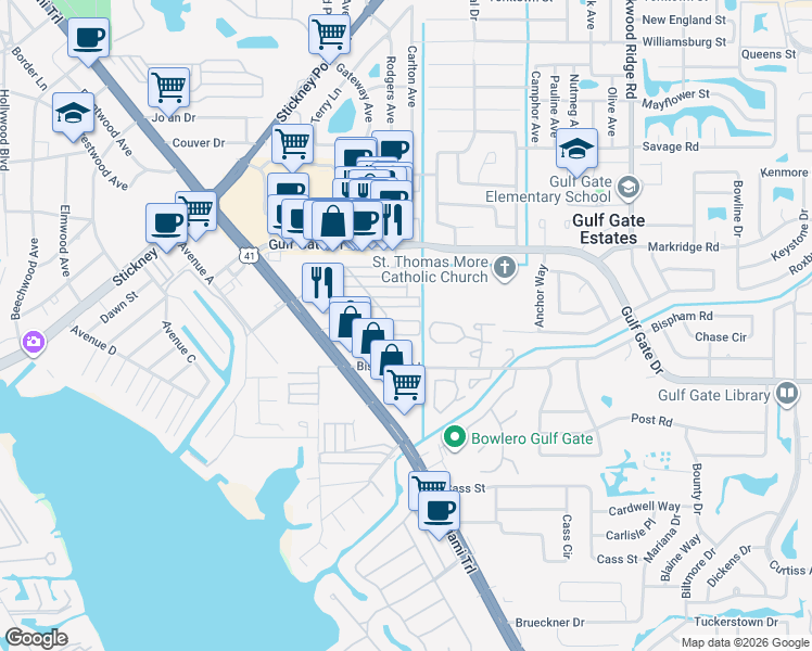 map of restaurants, bars, coffee shops, grocery stores, and more near 2090 Detroiter Street in Sarasota