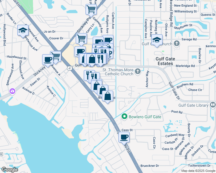 map of restaurants, bars, coffee shops, grocery stores, and more near 2090 Detroiter Street in Sarasota