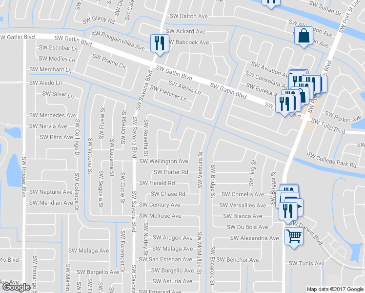map of restaurants, bars, coffee shops, grocery stores, and more near 2921 Southwest Van Buren Terrace in Port St. Lucie