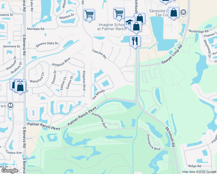 map of restaurants, bars, coffee shops, grocery stores, and more near 4139 Via Mirada in Sarasota