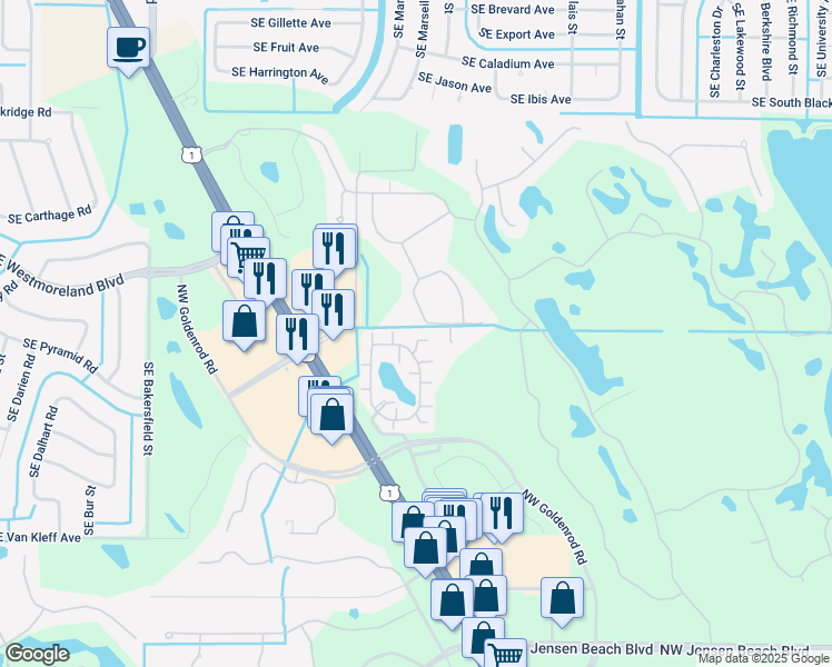 map of restaurants, bars, coffee shops, grocery stores, and more near 4325 Northwest Oakbrook Circle in Jensen Beach