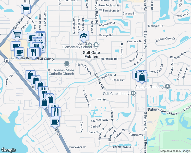 map of restaurants, bars, coffee shops, grocery stores, and more near 2920 Gulf Gate Drive in Sarasota