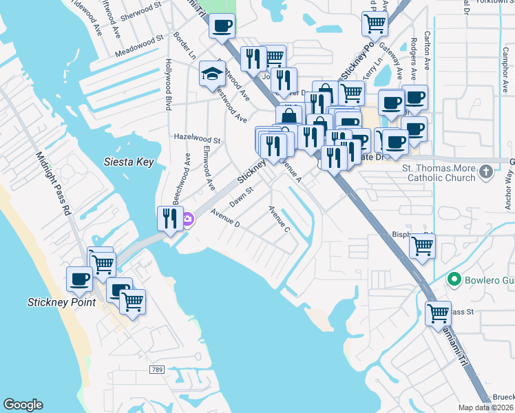 map of restaurants, bars, coffee shops, grocery stores, and more near 1725 Cheyenne Street in Sarasota