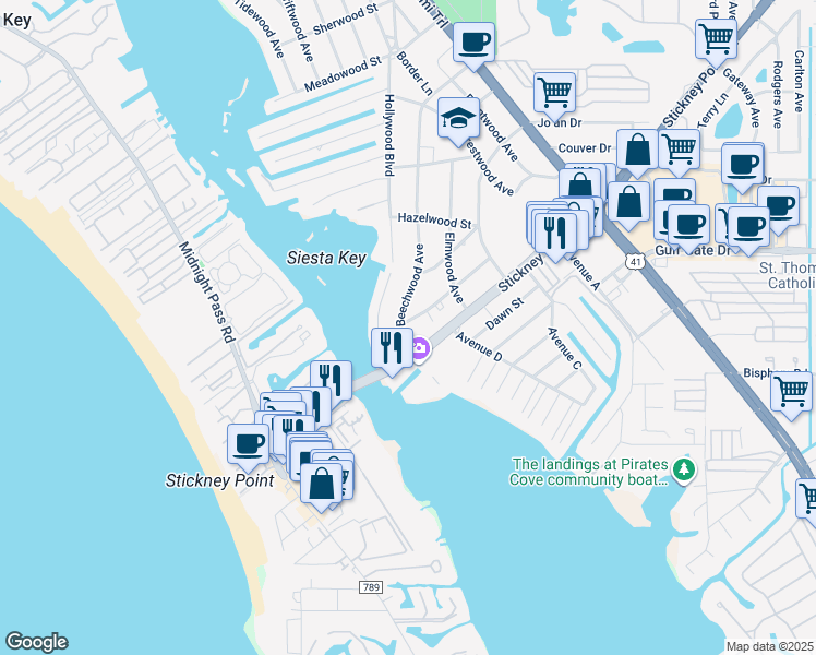 map of restaurants, bars, coffee shops, grocery stores, and more near 6461 Beechwood Avenue in Sarasota