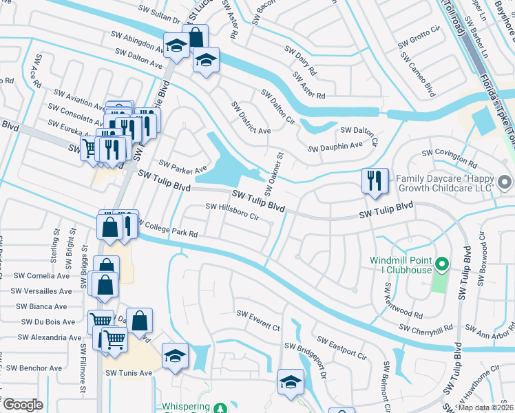 map of restaurants, bars, coffee shops, grocery stores, and more near 225 Southwest Tulip Boulevard in Port St. Lucie