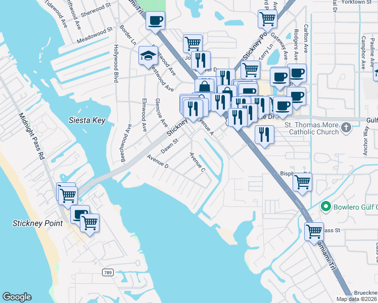 map of restaurants, bars, coffee shops, grocery stores, and more near 6619 Avenue C in Sarasota