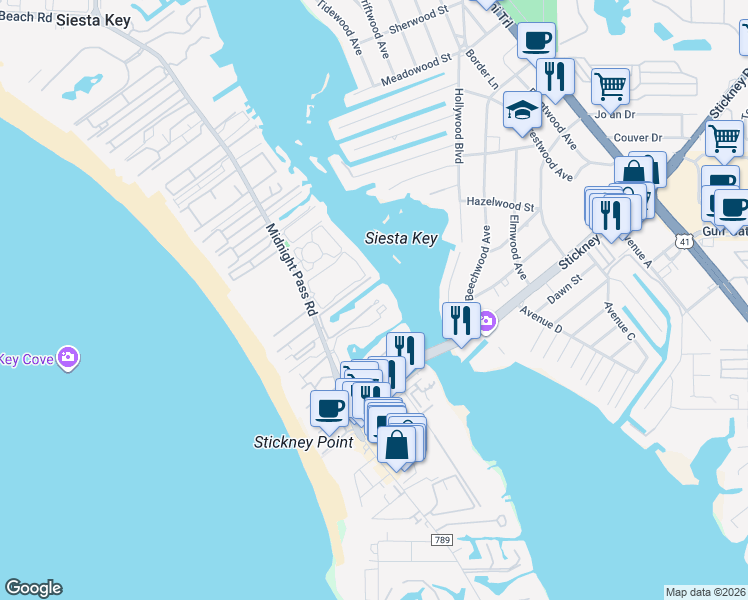 map of restaurants, bars, coffee shops, grocery stores, and more near 1355 South Portofino Drive in Siesta Key