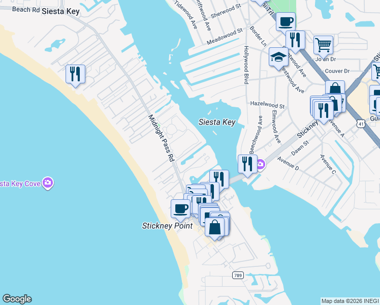 map of restaurants, bars, coffee shops, grocery stores, and more near 6265 Midnight Pass Road in Siesta Key