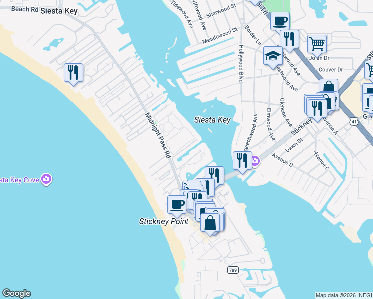 map of restaurants, bars, coffee shops, grocery stores, and more near 6265 Midnight Pass Road in Siesta Key