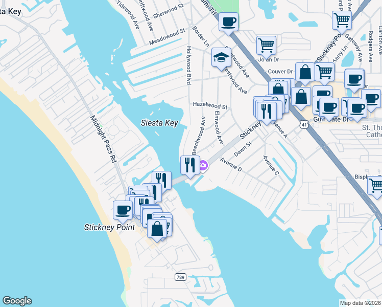 map of restaurants, bars, coffee shops, grocery stores, and more near 6454 Beechwood Avenue in Sarasota
