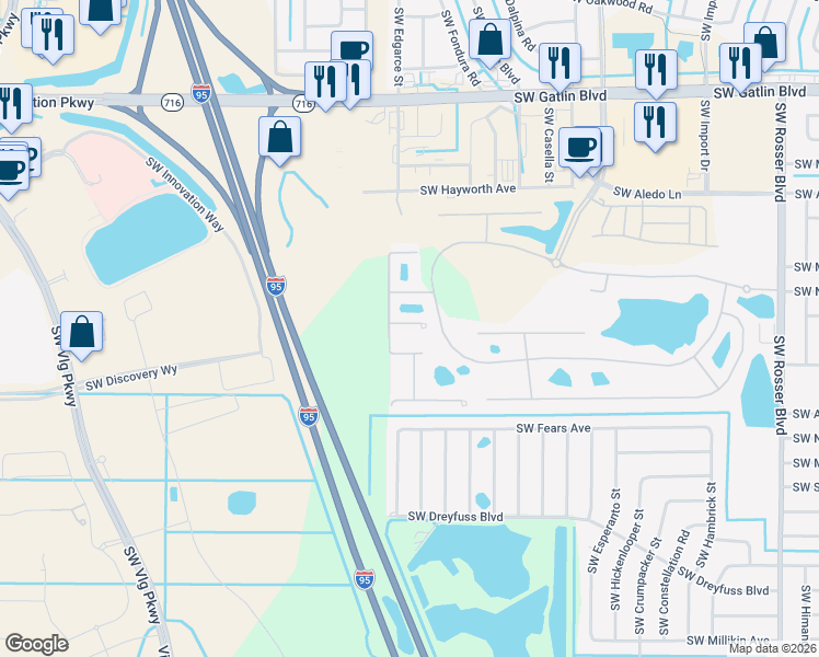 map of restaurants, bars, coffee shops, grocery stores, and more near 2250 Rockport Road in Port St. Lucie