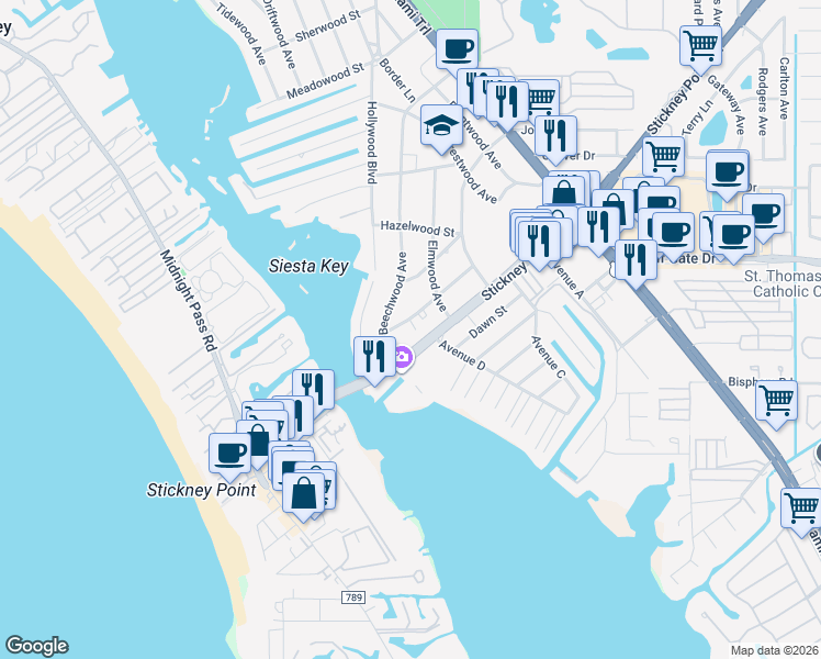 map of restaurants, bars, coffee shops, grocery stores, and more near 1630 Redwood Street in Sarasota