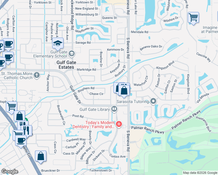 map of restaurants, bars, coffee shops, grocery stores, and more near 6929 Antigua Place in Sarasota