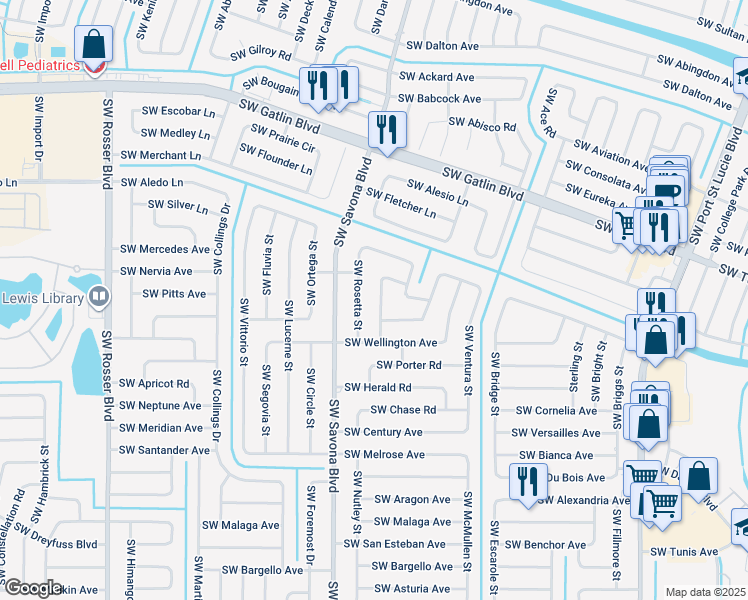 map of restaurants, bars, coffee shops, grocery stores, and more near 2956 Southwest Romano Road in Port St. Lucie