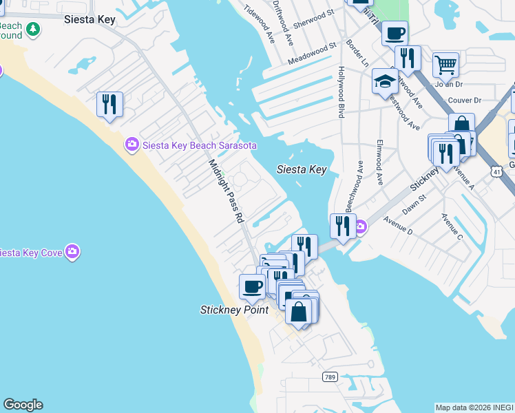 map of restaurants, bars, coffee shops, grocery stores, and more near 6265 Midnight Pass Road in Siesta Key