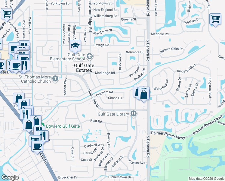 map of restaurants, bars, coffee shops, grocery stores, and more near 3023 Bispham Road in Sarasota