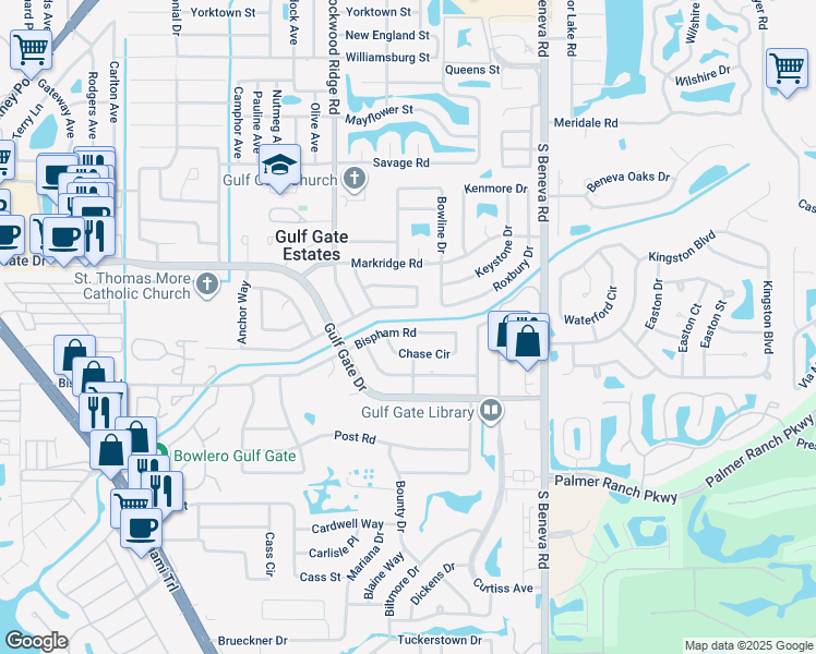 map of restaurants, bars, coffee shops, grocery stores, and more near 3023 Bispham Road in Sarasota