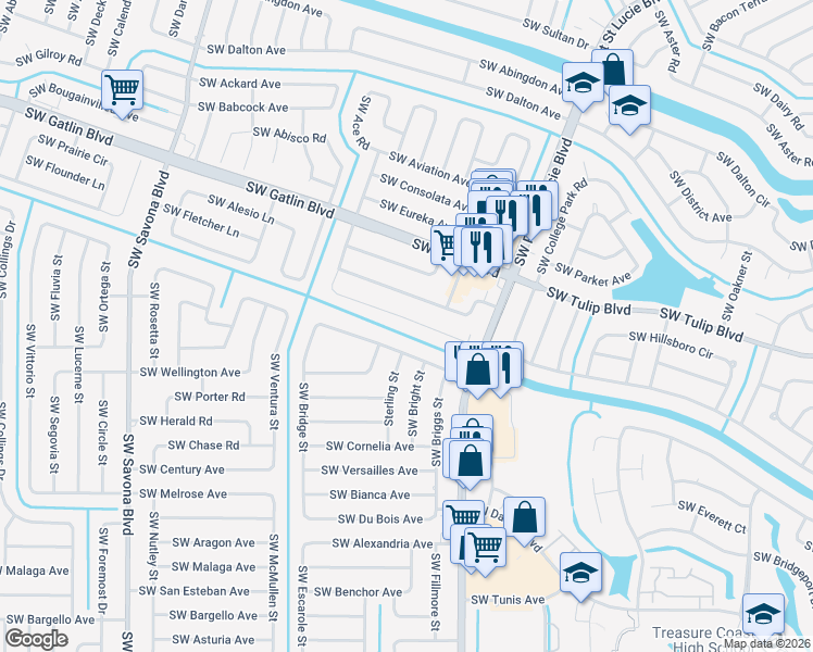 map of restaurants, bars, coffee shops, grocery stores, and more near 1010 Southwest Cairo Avenue in Port St. Lucie