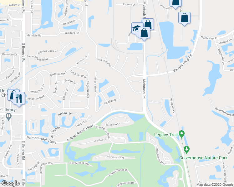 map of restaurants, bars, coffee shops, grocery stores, and more near 4139 Via Mirada in Sarasota