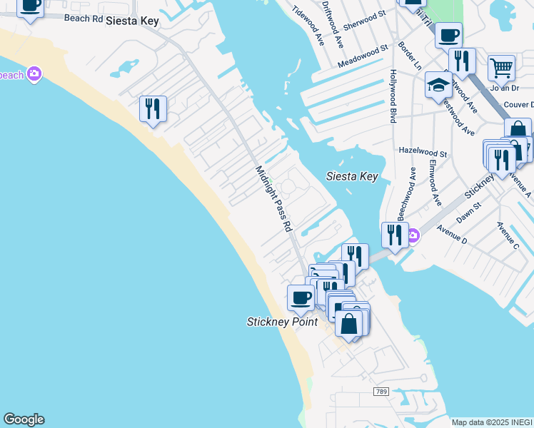 map of restaurants, bars, coffee shops, grocery stores, and more near 6204 Midnight Pass Road in Siesta Key
