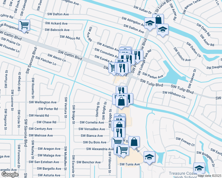 map of restaurants, bars, coffee shops, grocery stores, and more near 961 Southwest Cairo Avenue in Port Saint Lucie