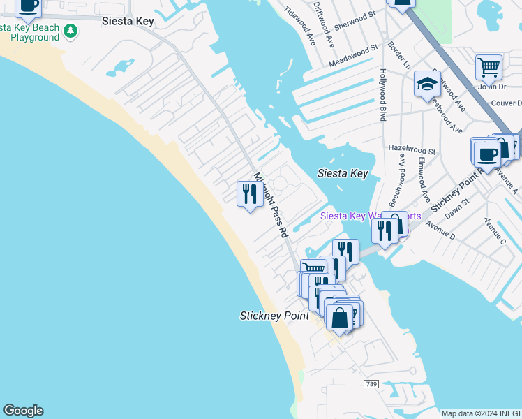 map of restaurants, bars, coffee shops, grocery stores, and more near 6204 Midnight Pass Road in Siesta Key