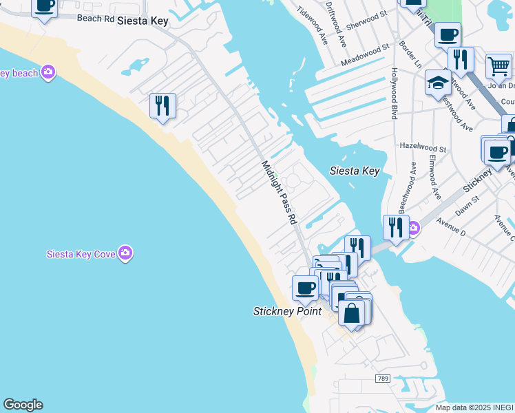 map of restaurants, bars, coffee shops, grocery stores, and more near 6220A Midnight Pass Road in Siesta Key