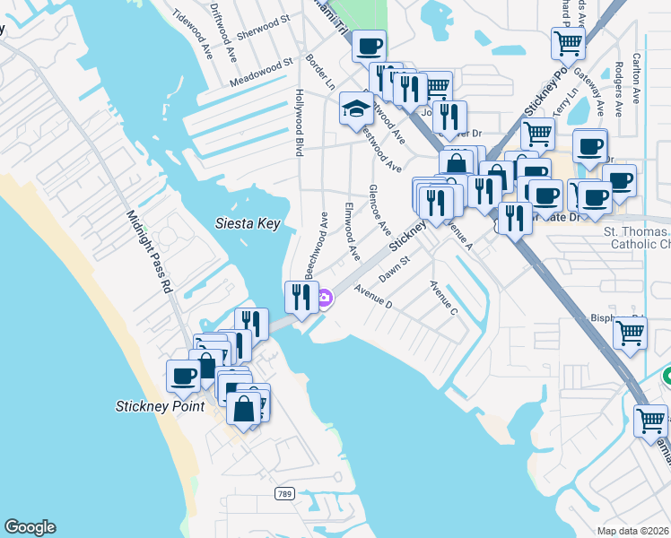 map of restaurants, bars, coffee shops, grocery stores, and more near 1638 Redwood Street in Sarasota