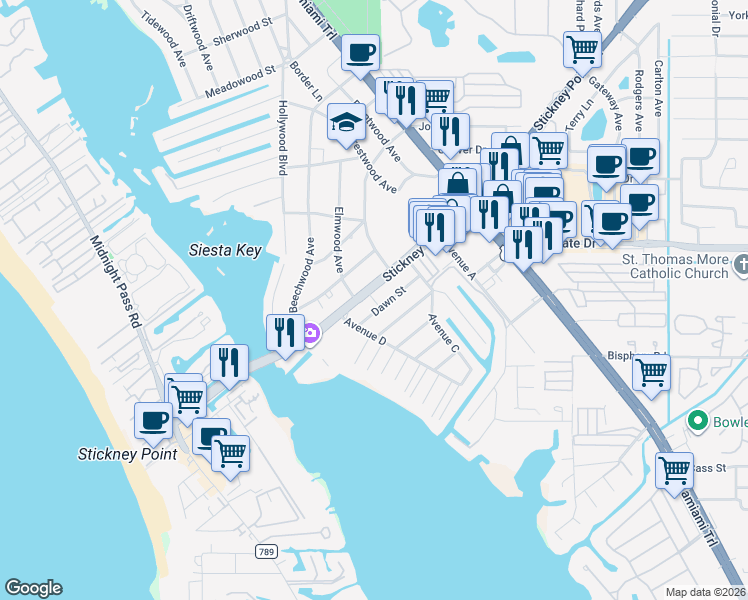 map of restaurants, bars, coffee shops, grocery stores, and more near 8905 Duval Lane in Sarasota