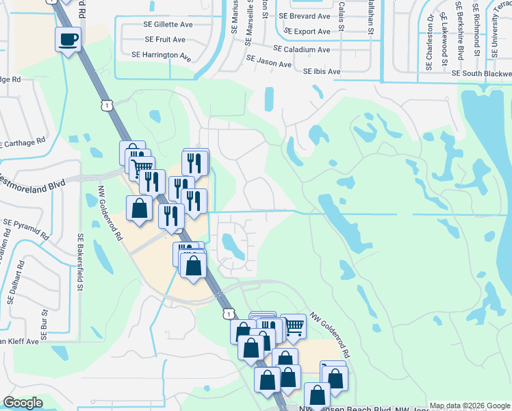 map of restaurants, bars, coffee shops, grocery stores, and more near 4325 Northwest Oakbrook Circle in Jensen Beach
