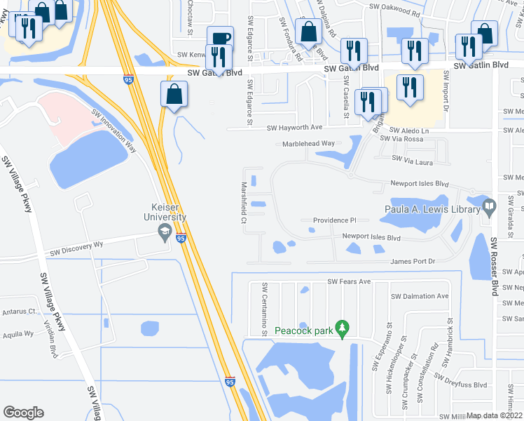 map of restaurants, bars, coffee shops, grocery stores, and more near 2205 Southwest Rockport Road in Port St. Lucie
