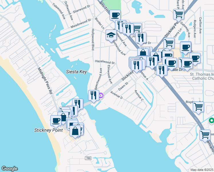 map of restaurants, bars, coffee shops, grocery stores, and more near 1644 Redwood Street in Sarasota