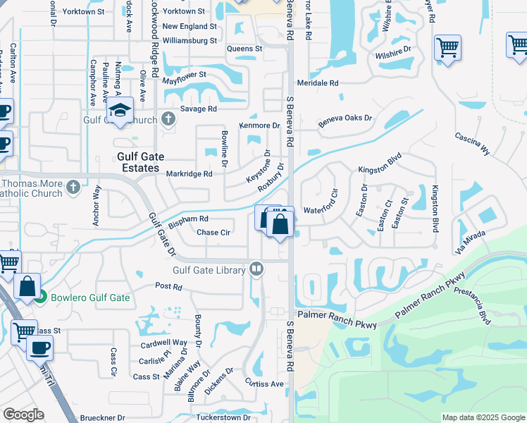 map of restaurants, bars, coffee shops, grocery stores, and more near 6929 Antigua Place in Sarasota