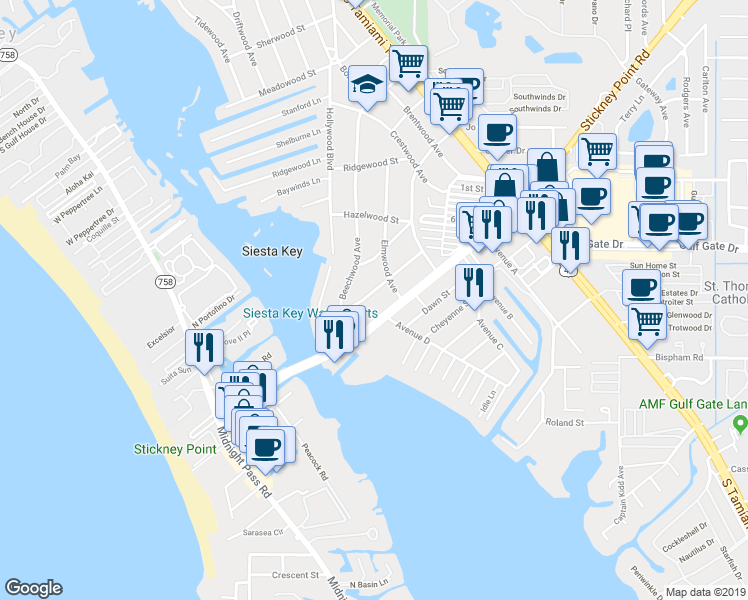 map of restaurants, bars, coffee shops, grocery stores, and more near 1644 Redwood Street in Sarasota