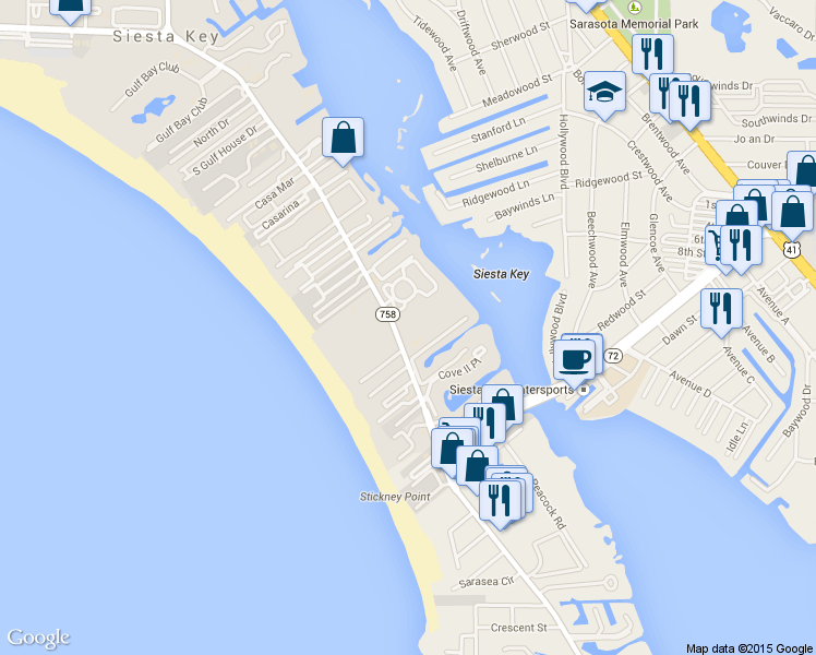 map of restaurants, bars, coffee shops, grocery stores, and more near 6204 Midnight Pass Road in Siesta Key