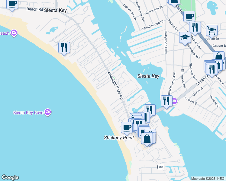 map of restaurants, bars, coffee shops, grocery stores, and more near 6204 Midnight Pass Road in Siesta Key