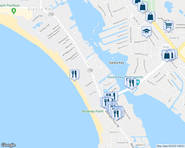 map of restaurants, bars, coffee shops, grocery stores, and more near 6204 Midnight Pass Road in Siesta Key