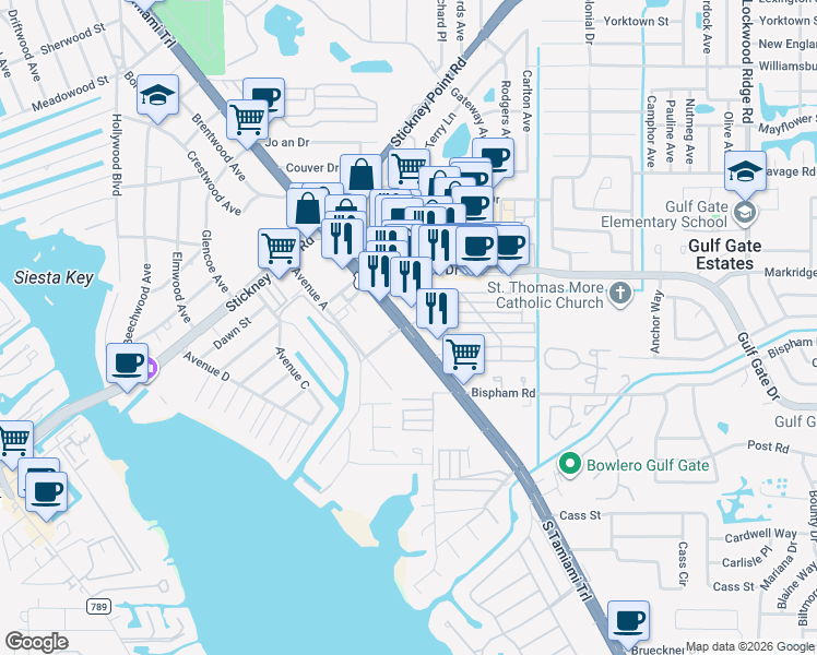map of restaurants, bars, coffee shops, grocery stores, and more near US Highway 41 in Sarasota