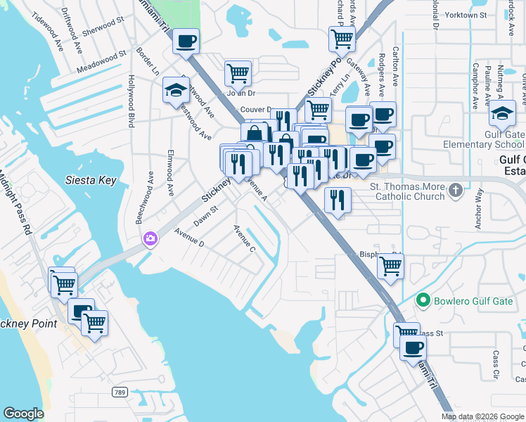 map of restaurants, bars, coffee shops, grocery stores, and more near 6792 Schooner Bay Circle in Sarasota